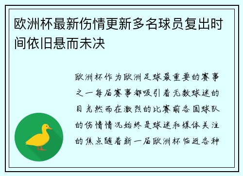 欧洲杯最新伤情更新多名球员复出时间依旧悬而未决 欧洲杯最新伤情更新多名球员复出时间依旧悬而未决